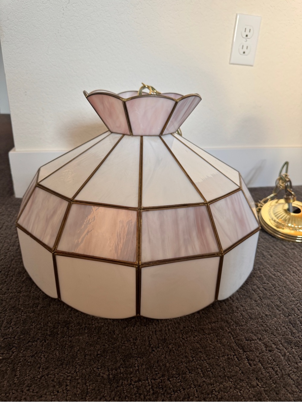 Tiffany style vintage, pink and white stained glass pendant light